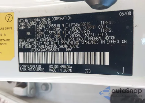 2008 Toyota Highlander Limited из США, поврежденный, VIN JTEDS42A482053871